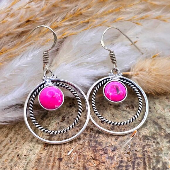 Hot Pink Stone Double Loops 925 Earring - Picture 9 of 10